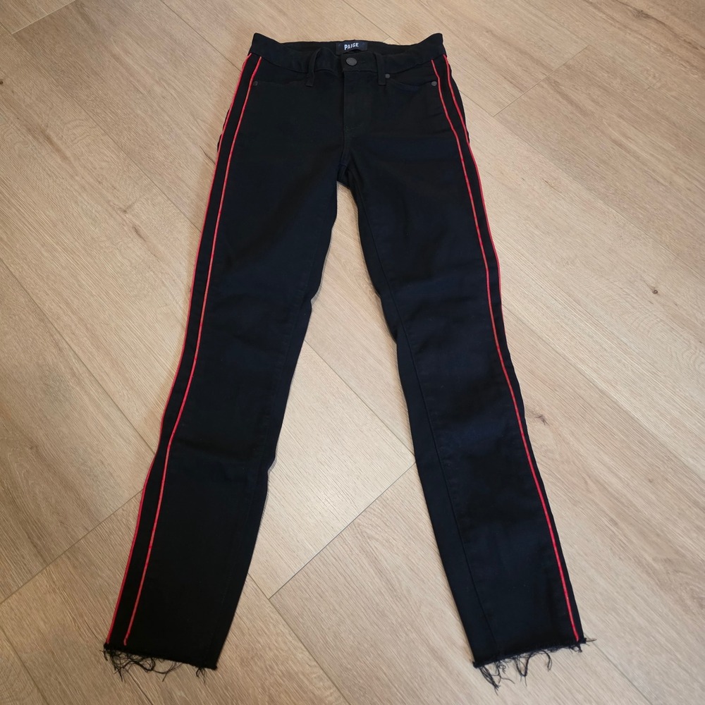 Paige Hoxton Ankle Black Shadow Red Side Stripe Raw Hem Skinny Jeans 25 USA Made